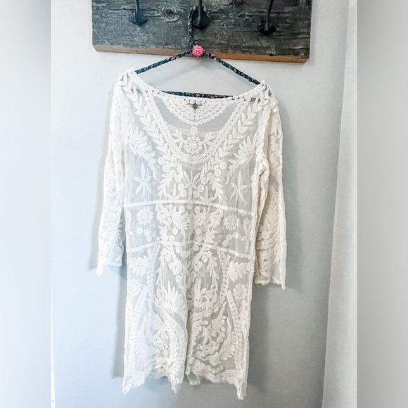 Cream Embroidered Tulle Swim Cover Up, Large - Picture 2 of 5